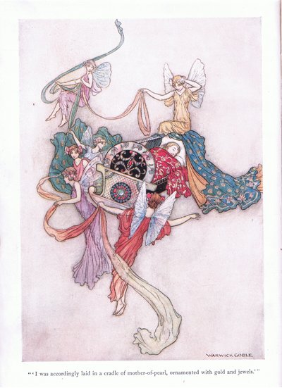 I was accordingly laid in a cradle of mother of pearl, ornamented with gold and with jewels by Warwick Goble